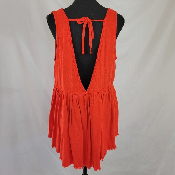 UMGEE Deep V Babydoll Sleevless Top Raw Hem Tie Back Tomatoe Red - Picture 5 of 7